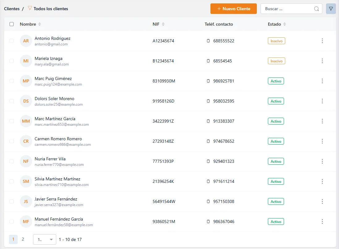Llistat de clients del taller amb cerca, filtres i dades de contacte a Reparan2