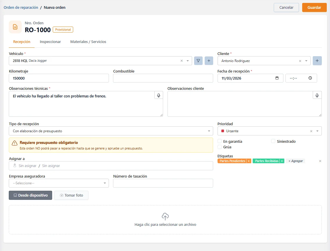 Formulari per crear nova ordre de reparació amb dades del vehicle i treballs a realitzar