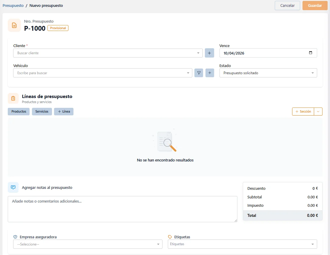 Generació de pressupostos de reparació amb desglossament de mà d'obra i recanvis