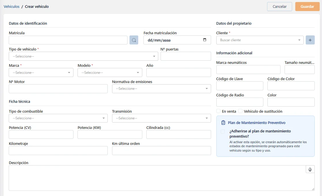 Formulari de registre de vehicle amb matrícula, VIN, marca, model i quilometratge