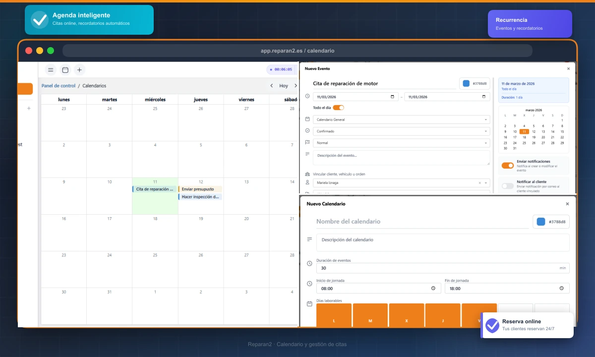Calendari de cites del taller amb vista setmanal, tipus d'esdeveniment i reserves online de clients