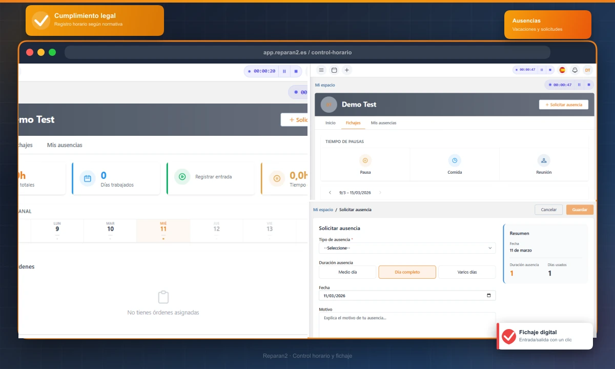 Control horari del taller amb fitxatge d'entrada i sortida, absències i hores per ordre de treball